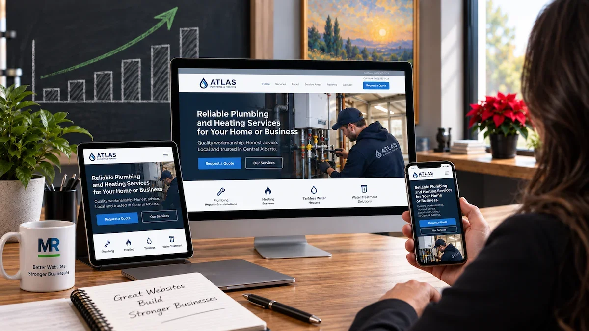 Business owner reviewing a responsive plumbing and heating website across desktop, tablet and mobile screens.