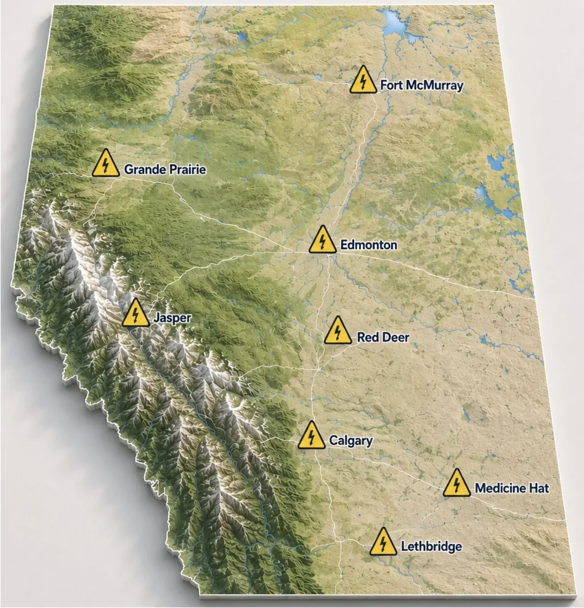 Map of Alberta showing Service Areas by City