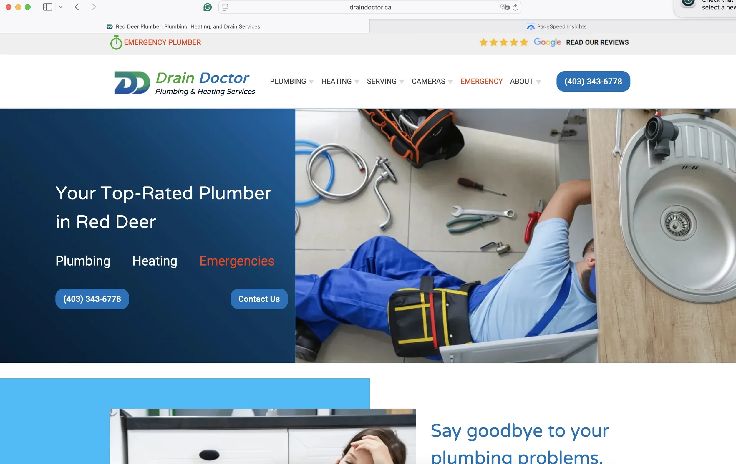Drain Doctor plumbing and heating website before Measurable Results began managing the company’s digital marketing in May 2025.