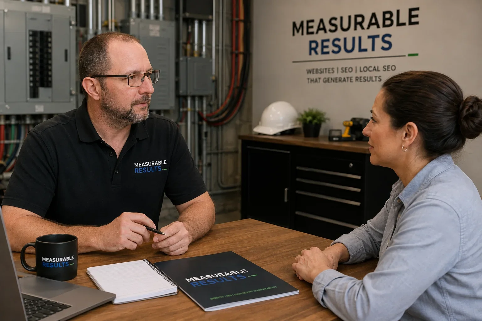 Meeting between a woman electrician and Measurable Results consultant.
