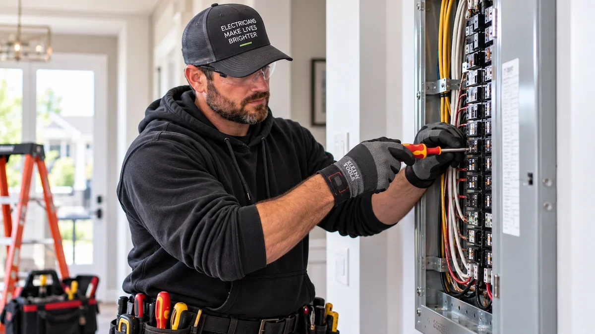 Electrician working on an electrical panel in a residential home.