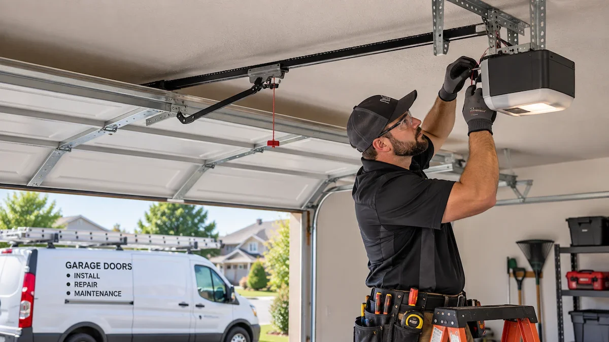 Garage door technician installing and wiring a ceiling-mounted garage door opener in a residential garage.