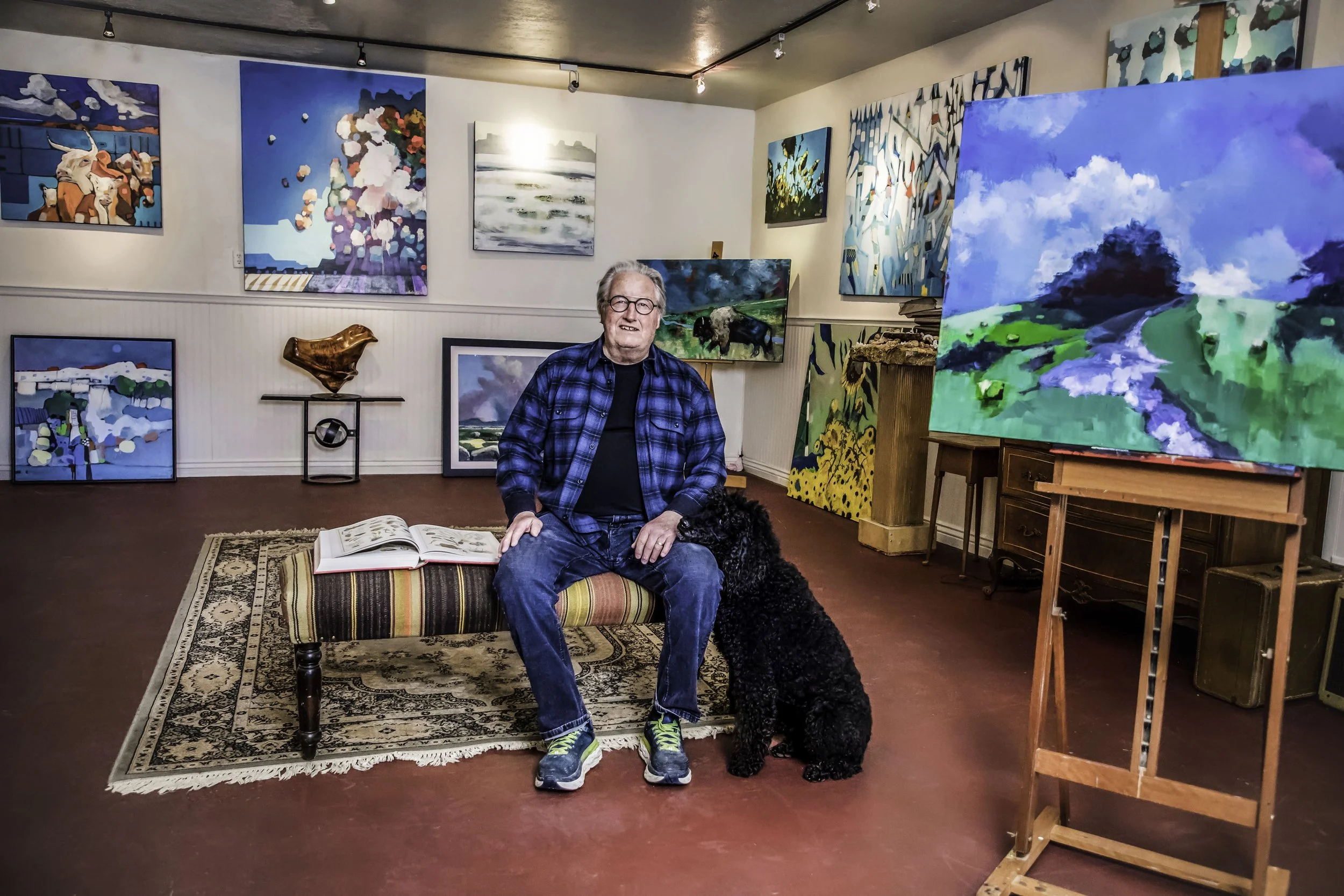 An elderly man with glasses and a plaid shirt is sitting on a striped ottoman in an art gallery, holding a book. A black curly-haired dog is beside him. The gallery features various colorful paintings, including landscapes, abstract and animals, disp