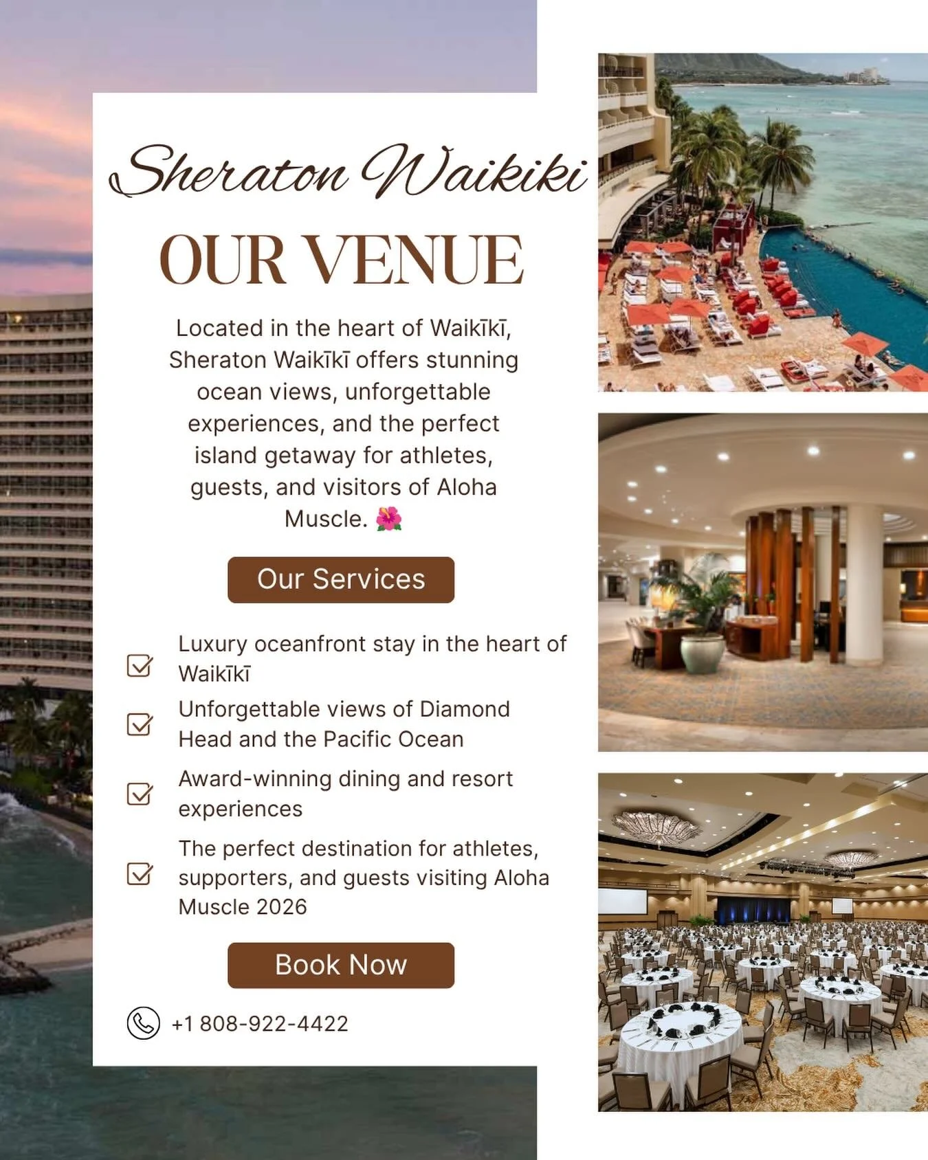 🌺 VENUE SPOTLIGHT: SHERATON WAIKIKI 🌺

We are proud to announce that Aloha Muscle will be taking over one of Hawaiʻi&rsquo;s most iconic destinations &mdash; the beautiful Sheraton Waikiki! 🌊✨

Located in the heart of Waikīkī with breathtaking vie