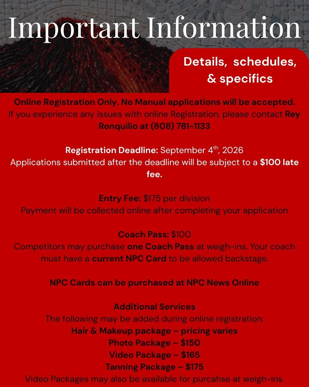 ALOHA MUSCLE 2026 &mdash; IMPORTANT INFORMATION!

We&rsquo;re getting closer! 💪🏽🔥 If you&rsquo;re planning to compete at Aloha Muscle 2026, make sure you&rsquo;re registered and ready to go!

REGISTRATION DEADLINE: SEPTEMBER 4TH, 2026

Late applic