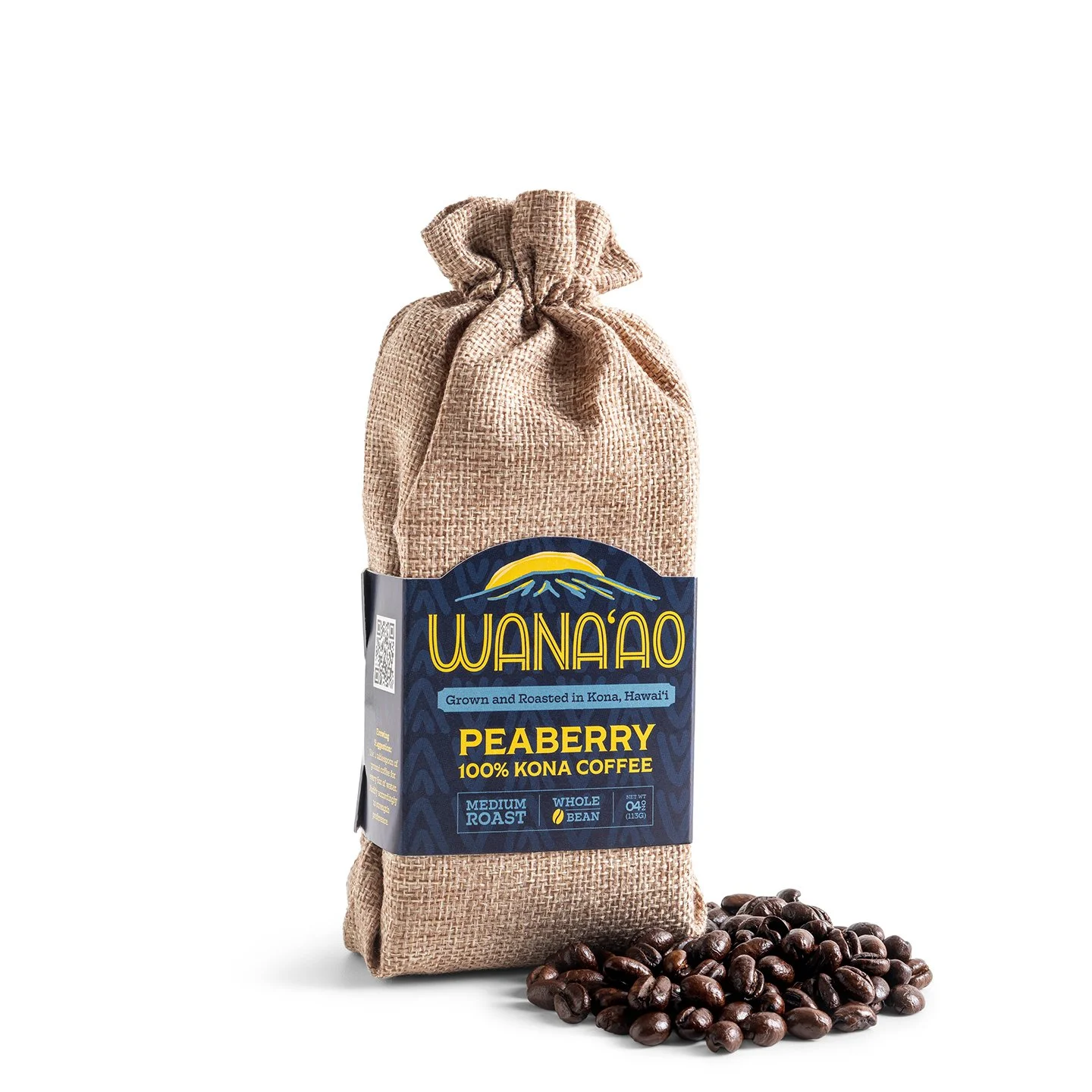 Minimalist e-commerce product photograph of luxury single-origin Hawaiian whole bean coffee. The artisanal burlap sack packaging and loose roasted beans are sharply focused against a seamless clean white backdrop.