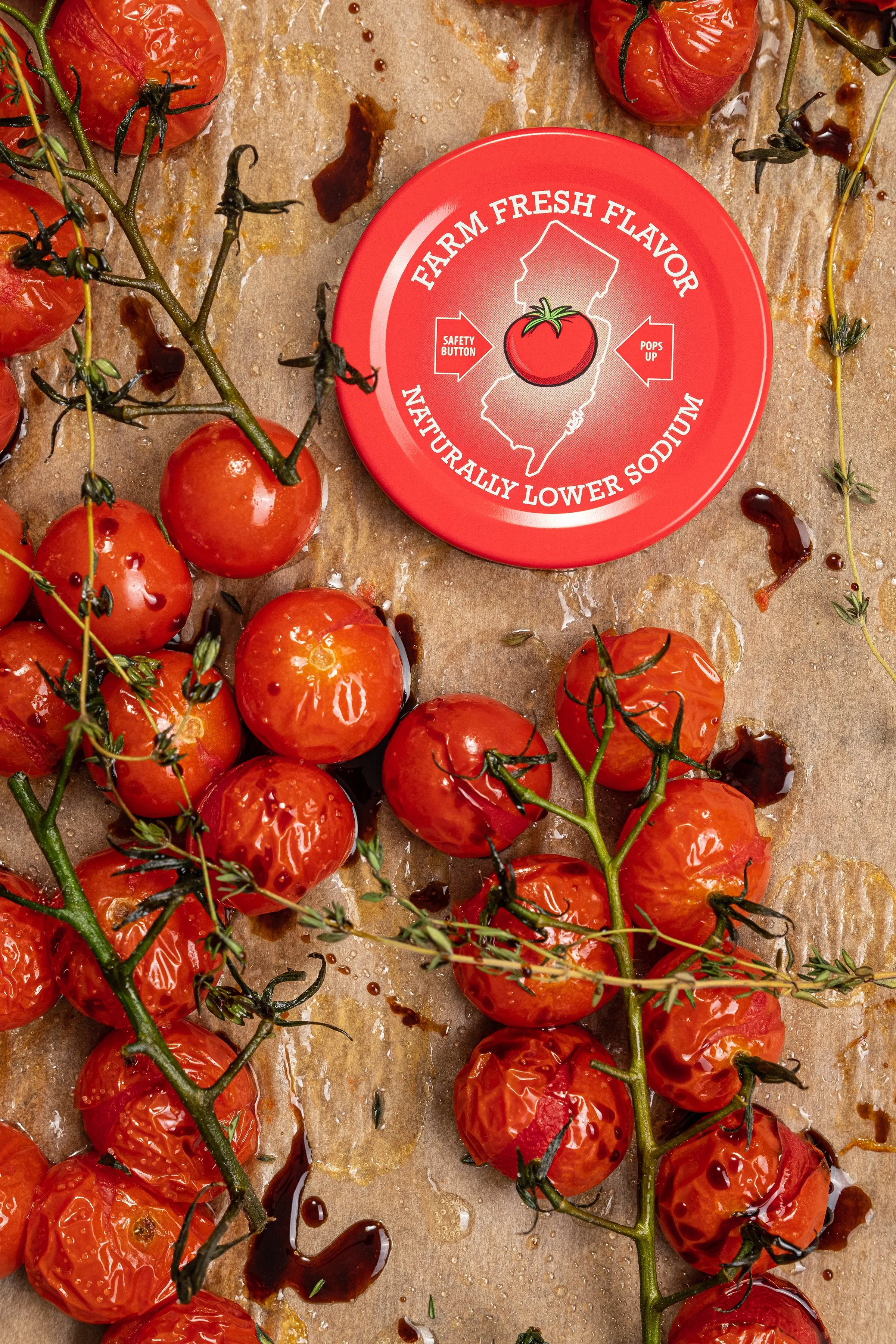 Macro product photography showcasing a gourmet sauce ingredient layout. Crisp studio lighting emphasizes juicy, caramelized vine-ripened tomatoes and a balsamic reduction composed around a red branded CPG package lid.