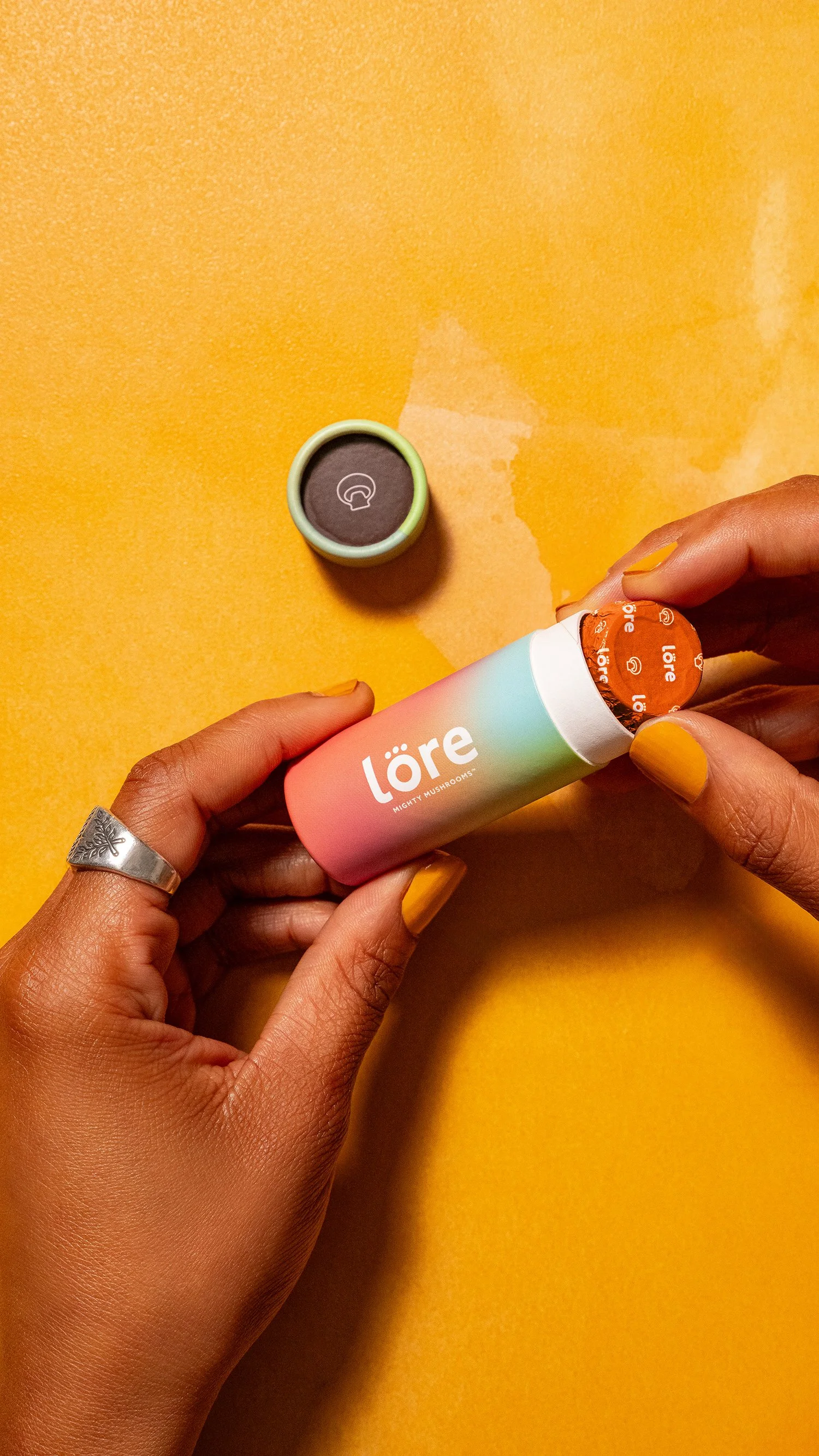 Premium CPG product photography of adaptogenic mushroom supplements. Nature-inspired studio lighting highlights gradient cardboard tube packaging styled with real botanical elements, dried fungi, and floral accents.