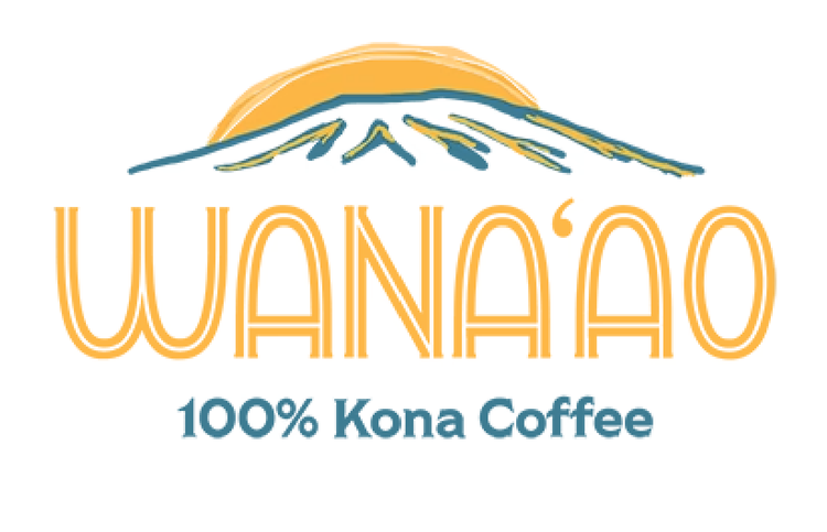 Wana'ao logo featuring a stylized mountain and the text '100% Kona Coffee' underneath.
