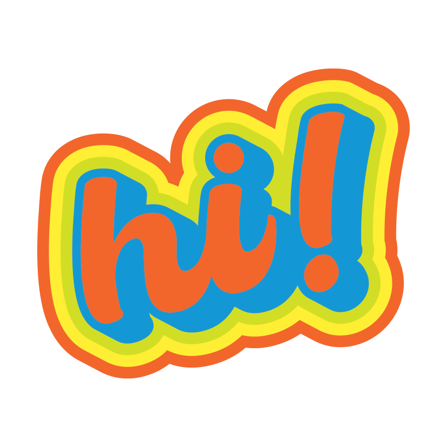 Colorful cartoon-style text saying 'hi!' with bright yellow, green, and orange outlines.