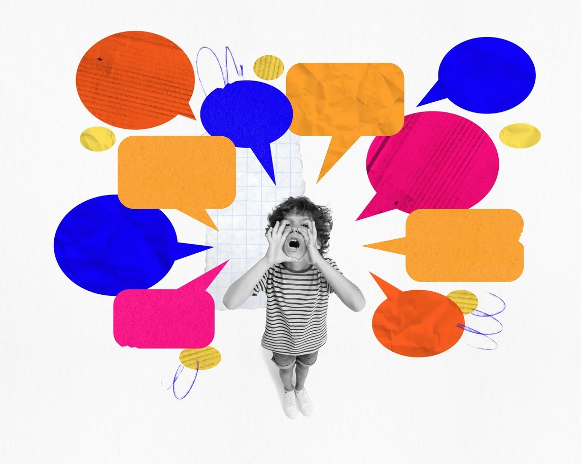 A black and white photo of a child with curly hair, wearing a striped shirt, holding hands up to their face, surrounded by colorful speech bubbles and small yellow ovals on a white background.