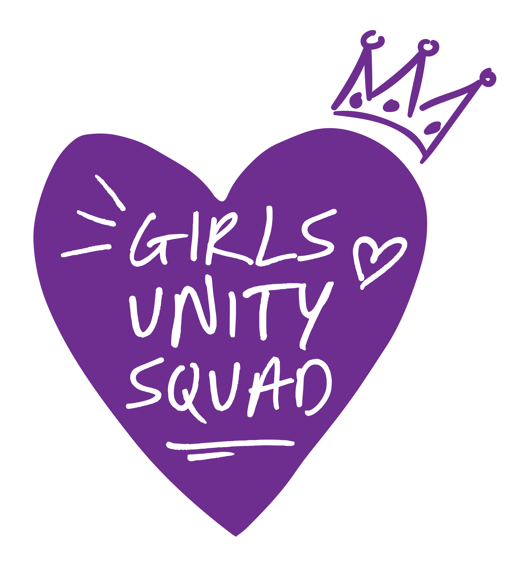 A purple heart with the words 'Girls Unity Squad' written inside and a small crown drawn on the top right of the heart.