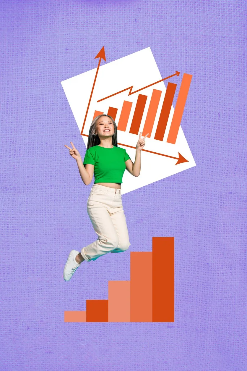 A smiling woman jumping in front of a graphic with a bar chart and upward trending arrows, indicating growth or success, on a purple textured background.
