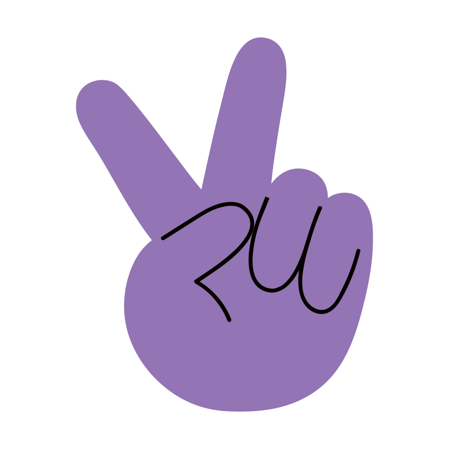 Purple hand making a peace sign with the word "you" written across it.