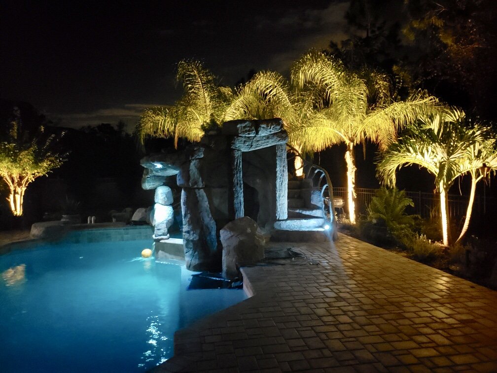 Nighttime pool area with rock formation, illuminated palm trees, and ambient lighting.