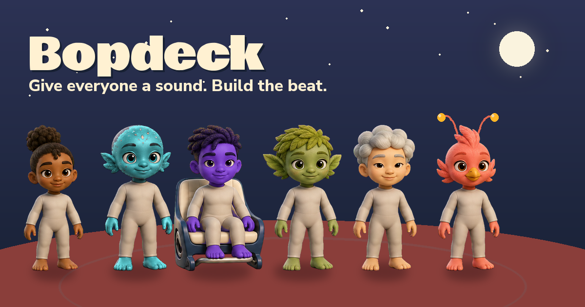 Bopdeck: six cartoon performers standing on a rooftop under a night sky