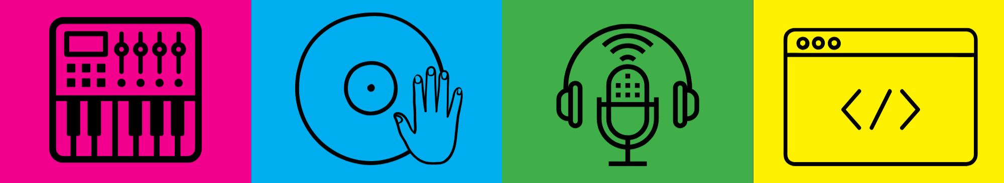 Colorful graphic with four sections: a synthesizer in pink, a DJ with a turntable in blue, a microphone with headphones in green, and a webpage with coding brackets in yellow.
