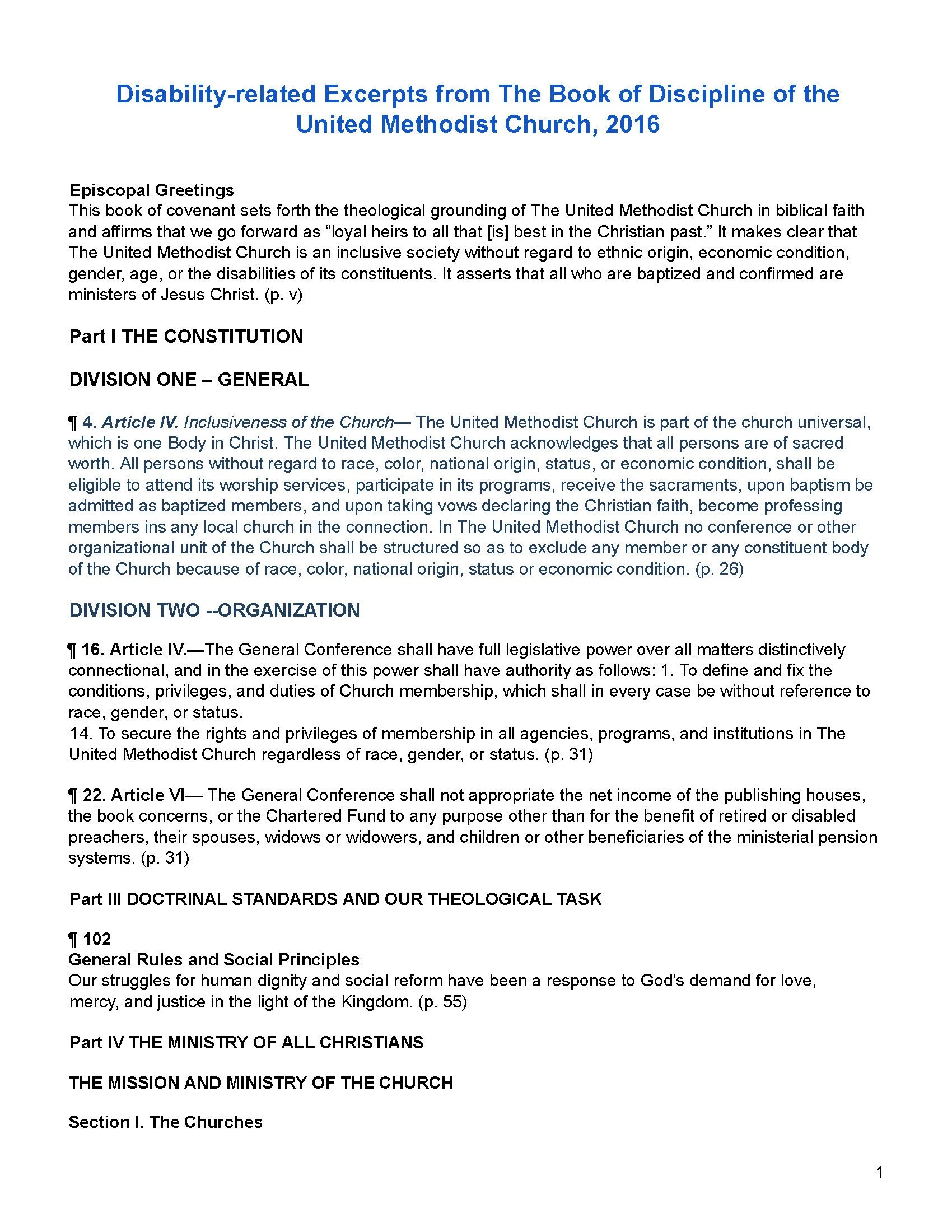 Disability-Related Excerpts from The Book of Discipline of the United Methodist Church, 2016