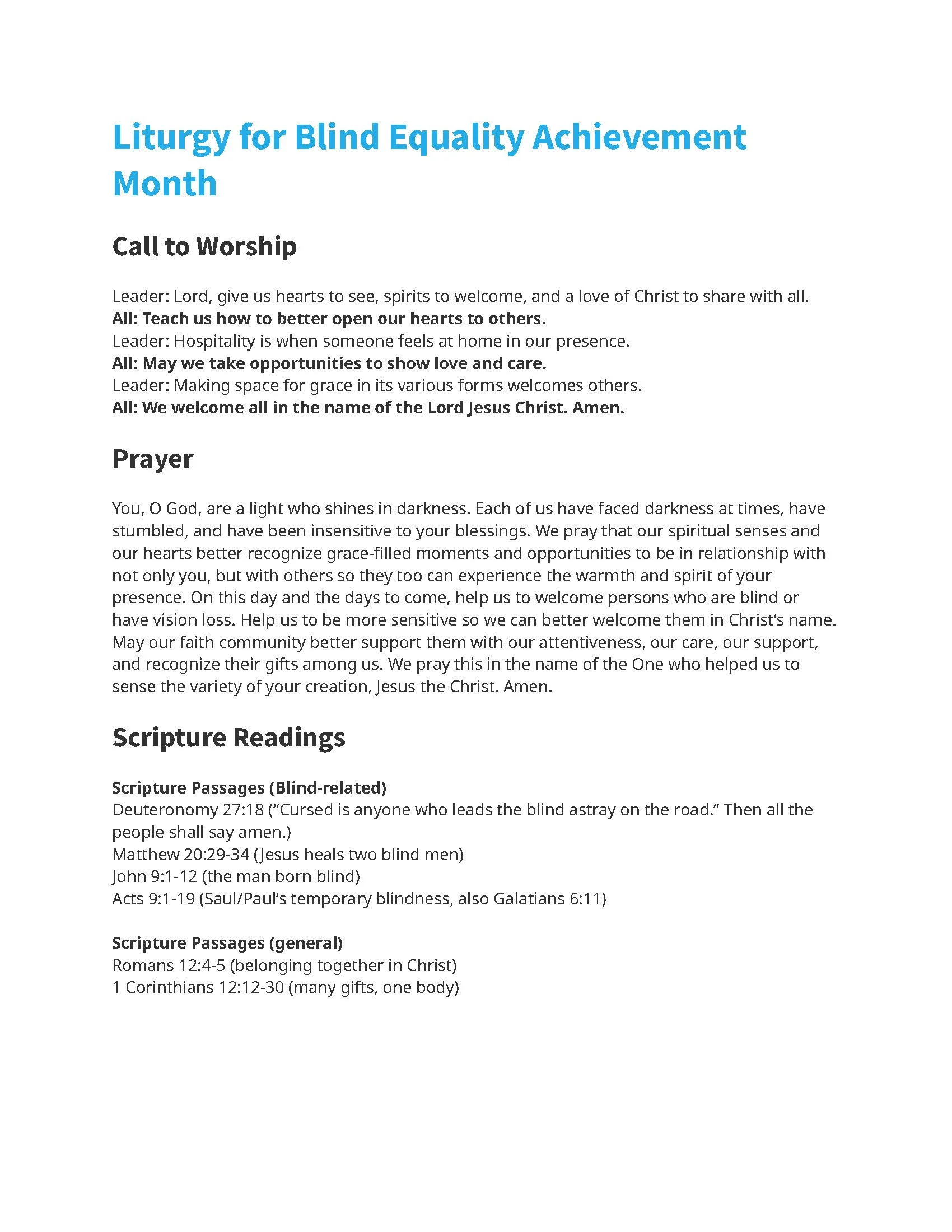 Liturgy for Blind Equality Achievement Month