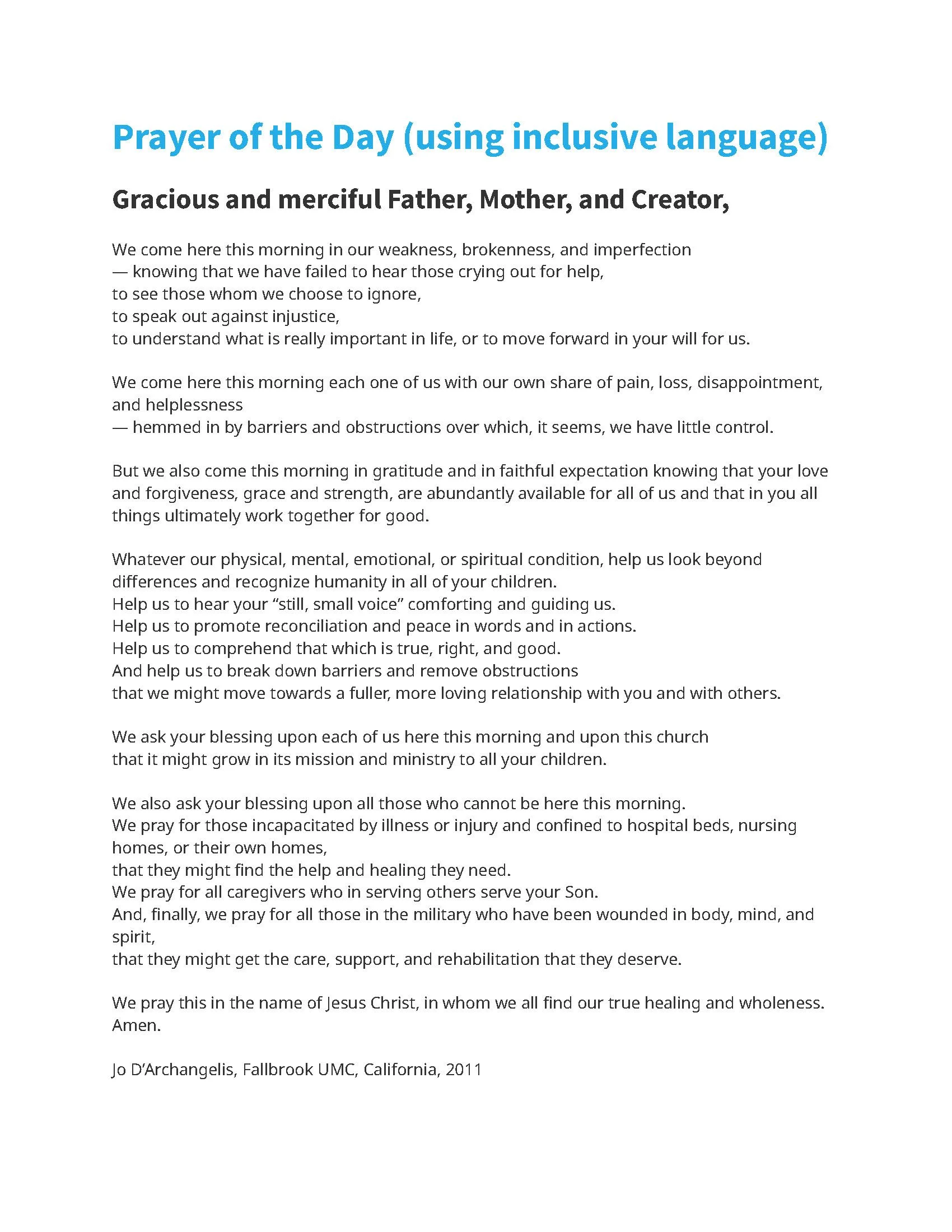 Prayer of the Day (using inclusive language)