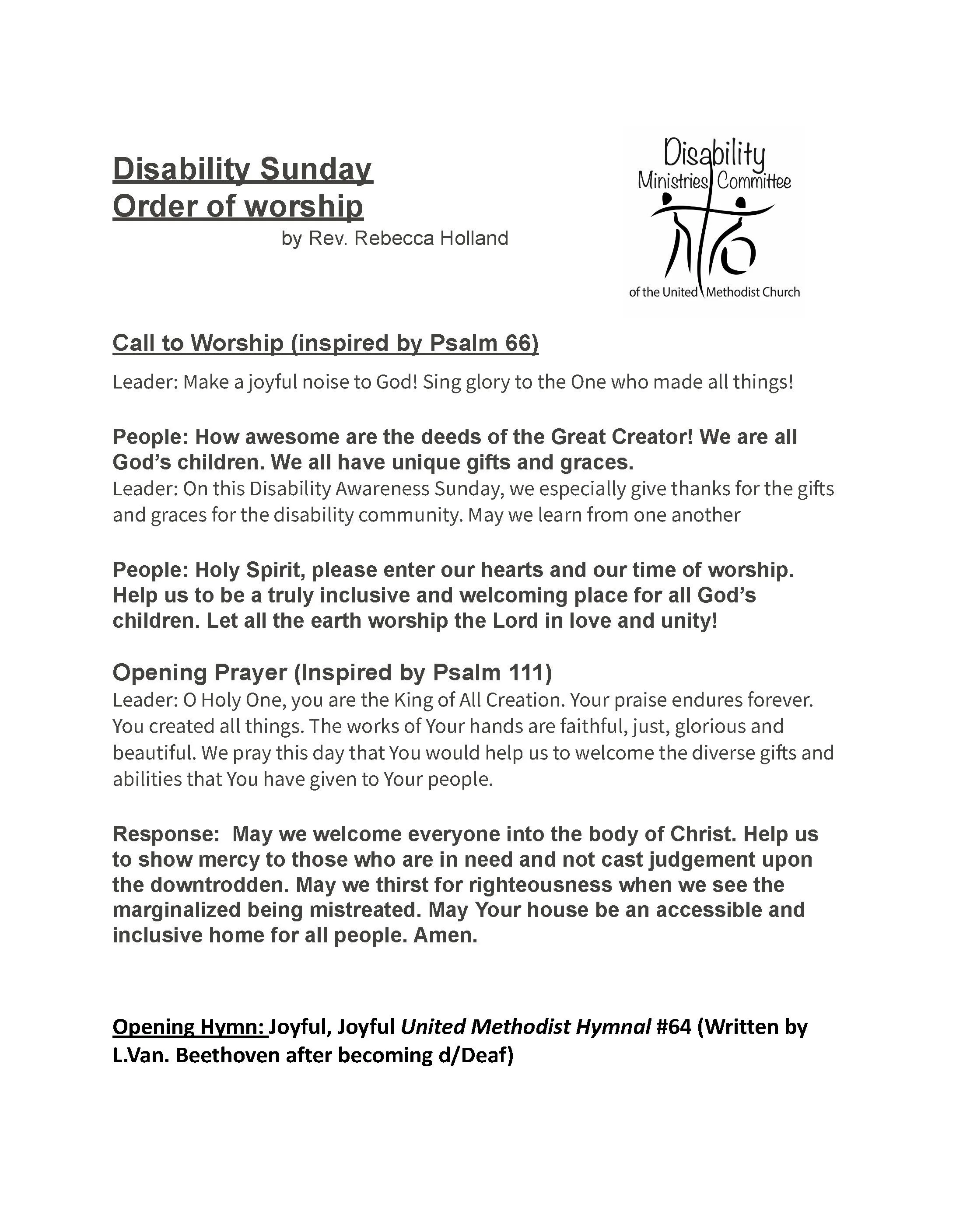 Disability Awareness Sunday Order of Worship (Rev. Rebecca Holland)