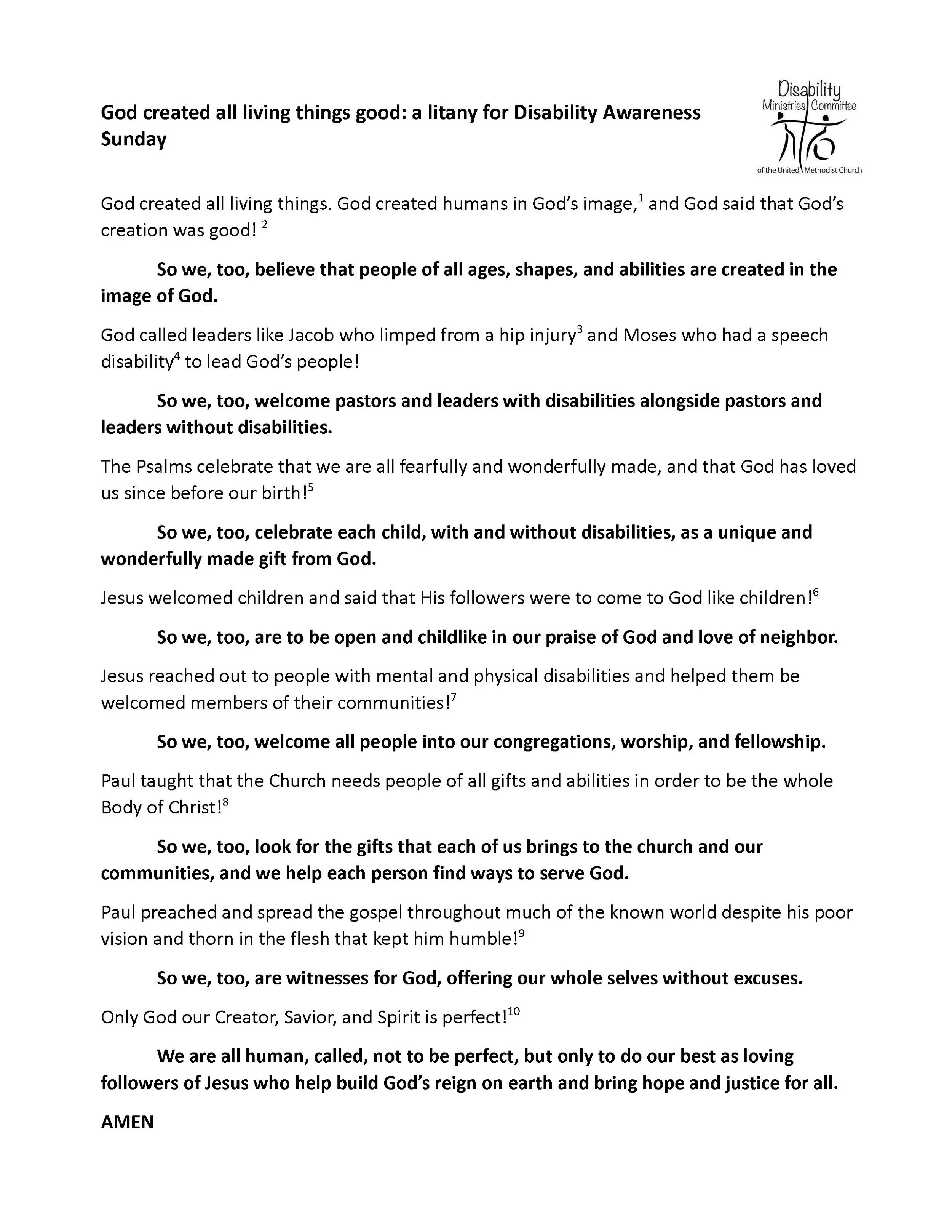Disability Awareness Sunday Litany - God Created All Living Things Good