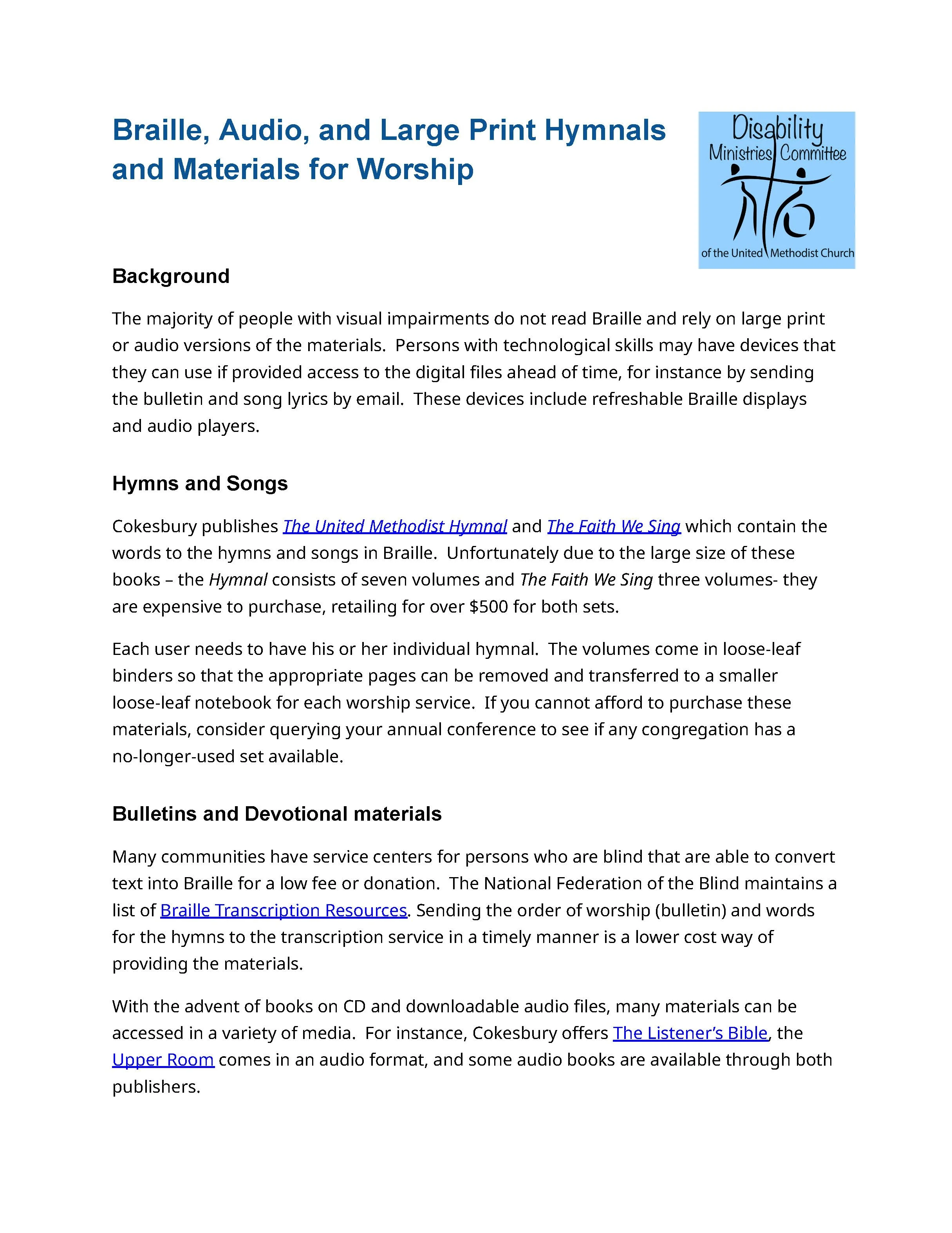 Braille, Audio, and Large Print Hymnals and Materials for Worship