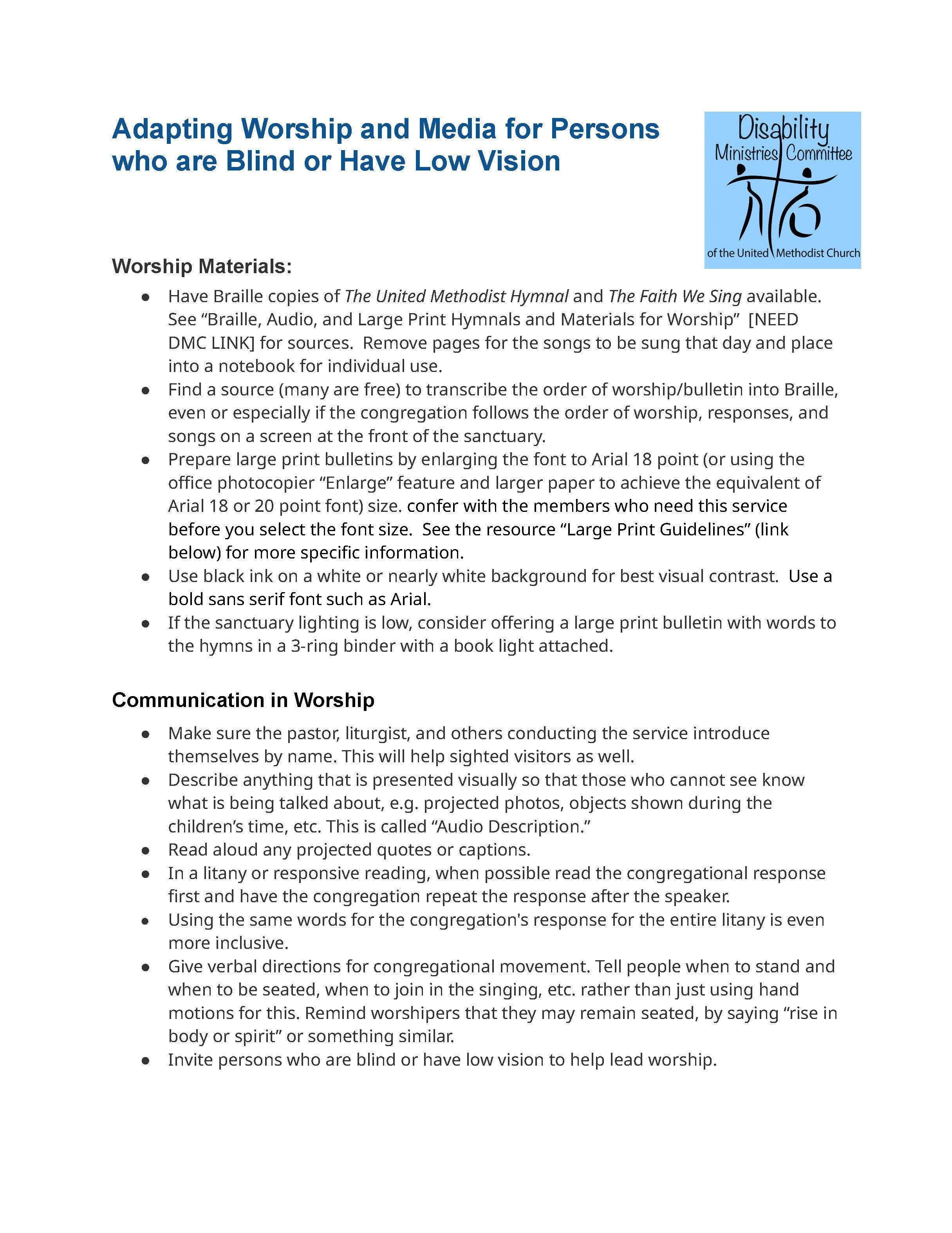 Adapting Worship and Media for Persons who are Blind or Have Low Vision