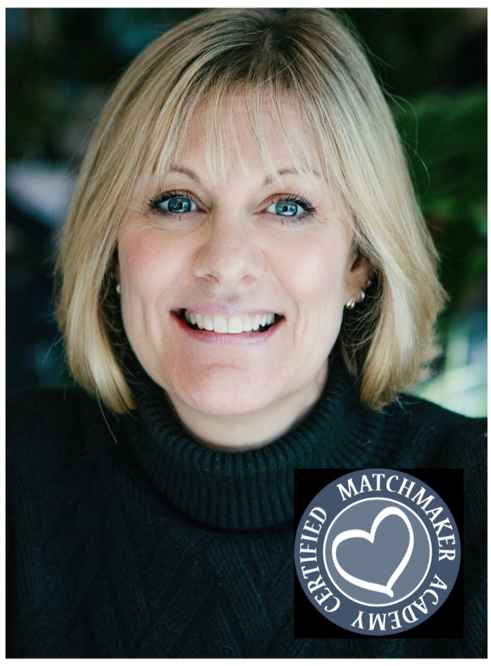 Close-up of the Professional Matchmaker and Founder Mel Hampshire with blonde hair, blue eyes, and a big smile wearing a black turtleneck sweater.