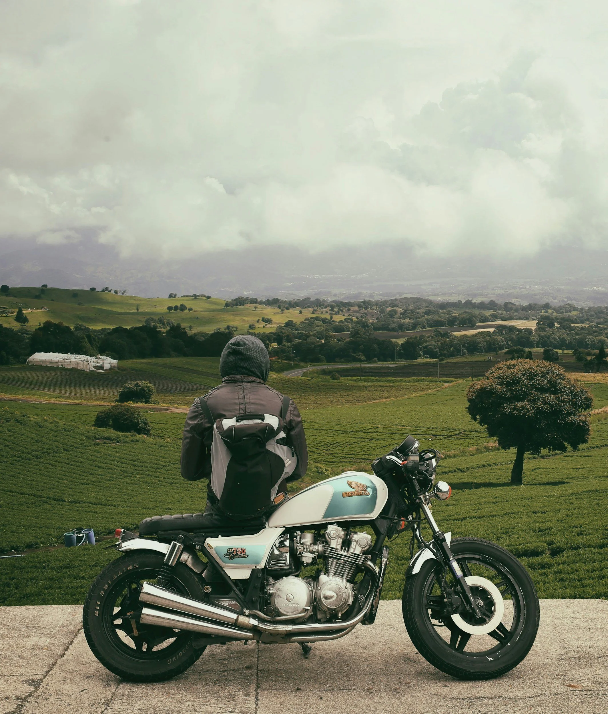 Man on Motorcycle Looking Out Over Field in Northern California
