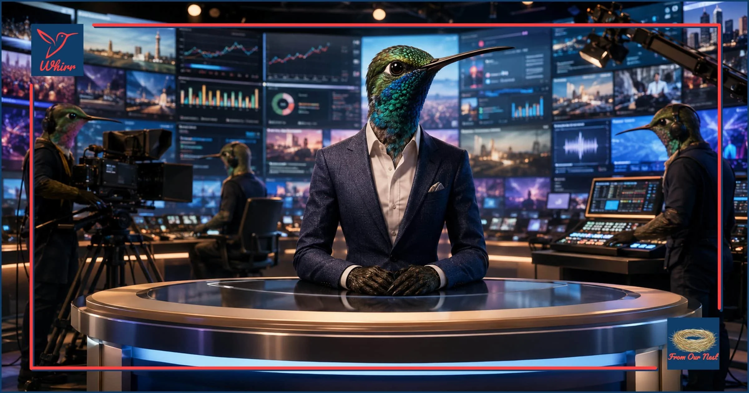 A hummingbird newscaster sits at a news desk in front of crew and a video wall.