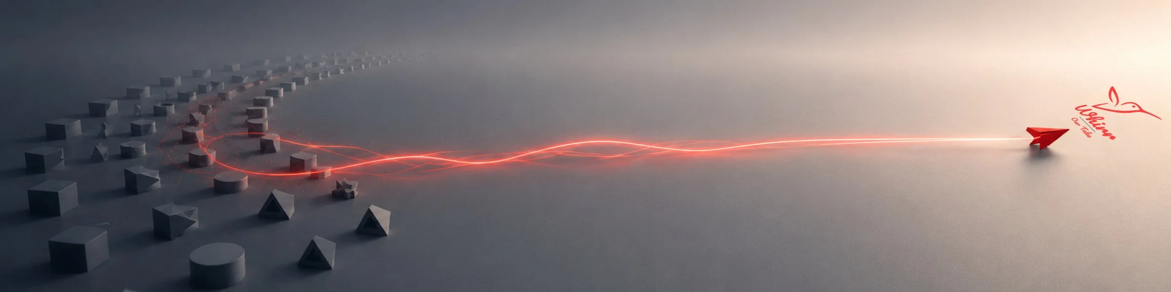 A red arrow with a complex plume emerges from a sea of more organized shapes, towards a Whirr logo.