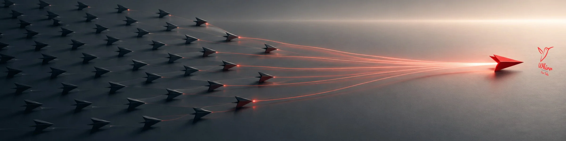 A red arrow zooms out of a sea of dark arrows, with neon trails behind it, symbolizing the future of marketing is media, heading towards a Whirr Our Take logo.