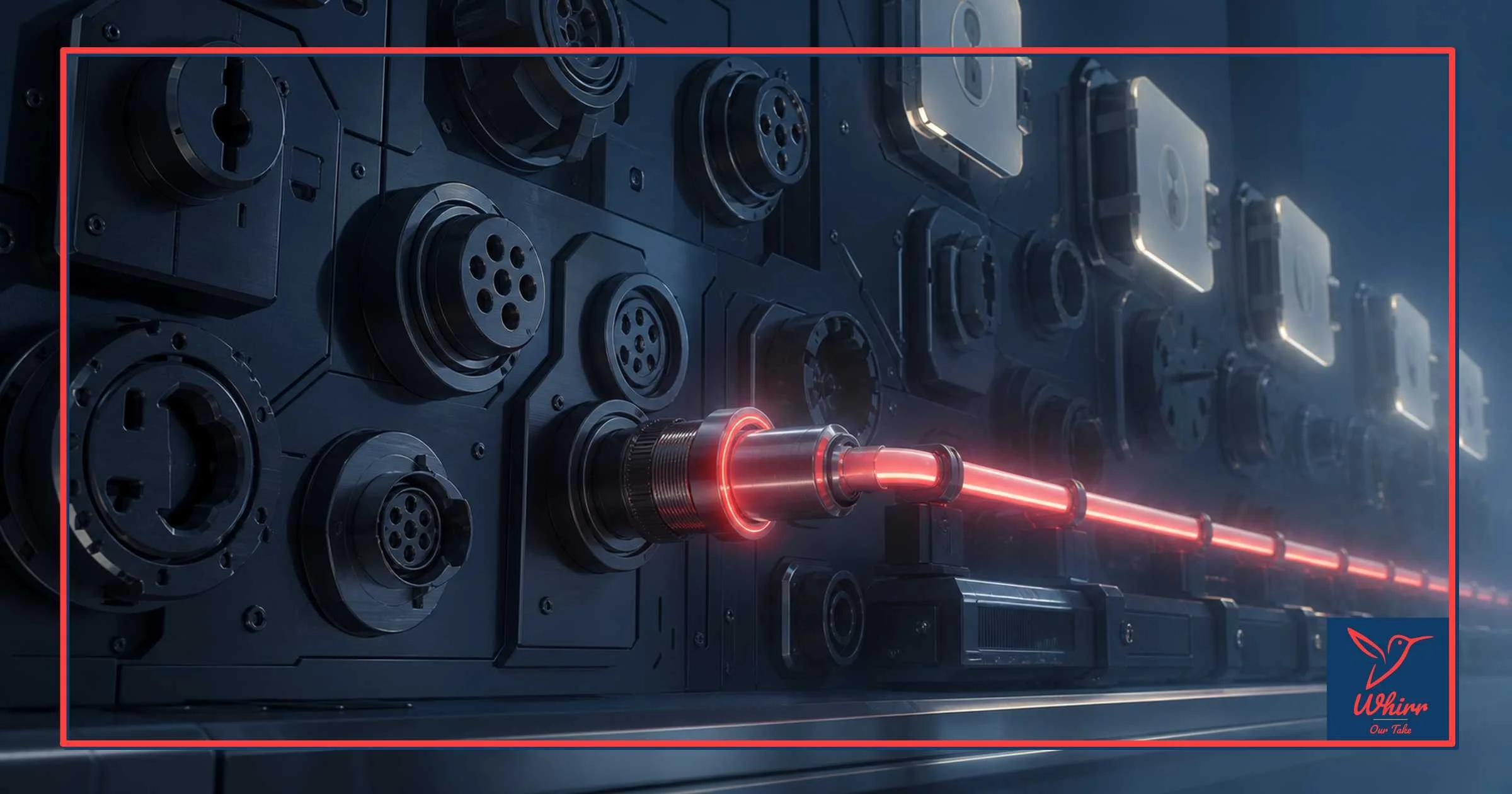 A red pipe emerges from a wall of valves and openings, representing how AI is using agents to buy media now.
