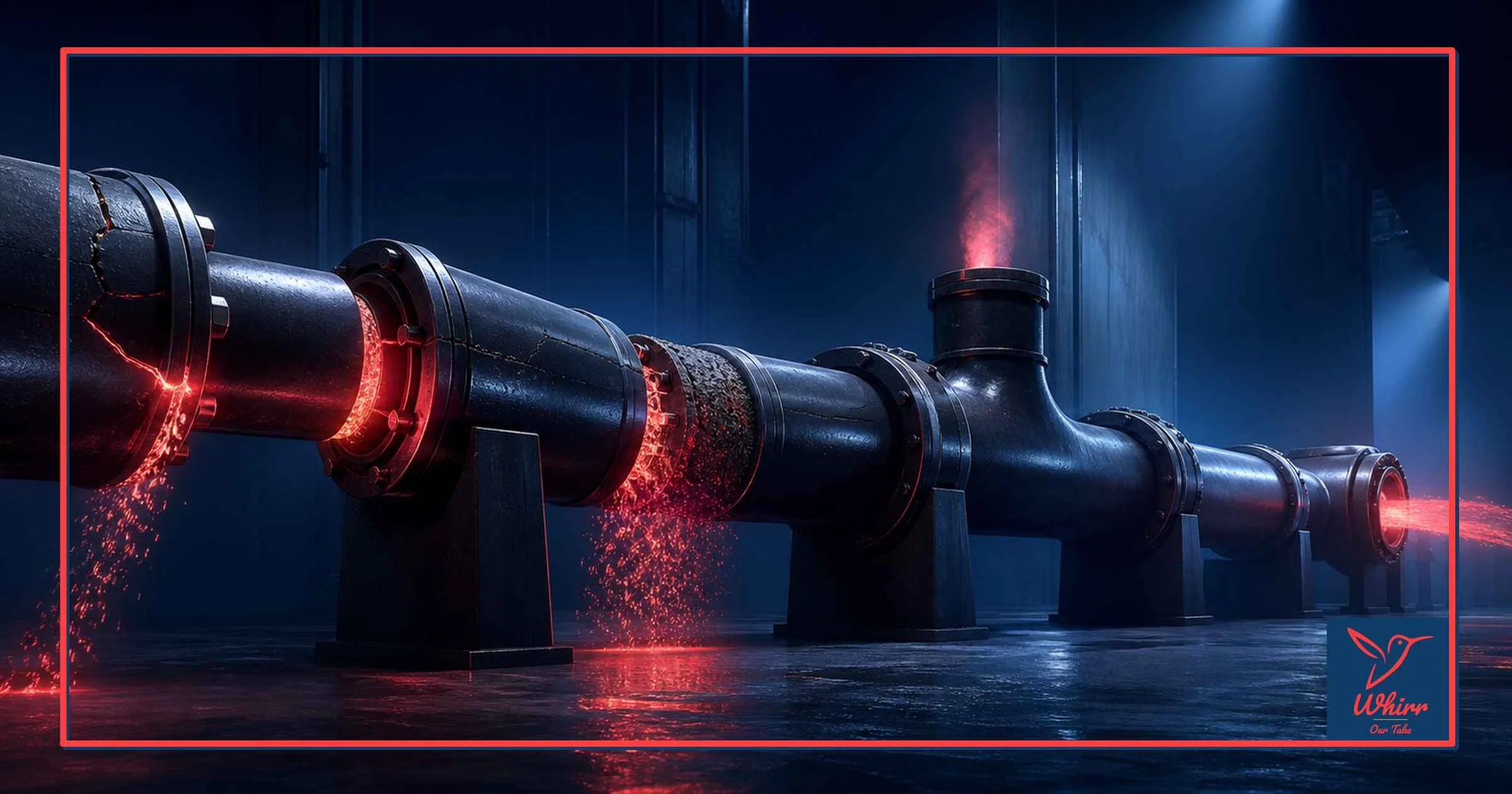 A blue pipe with broken sections and light leaking out represents a media audit uncovering leaks in a plan.  The Whirr logo is in the corner.