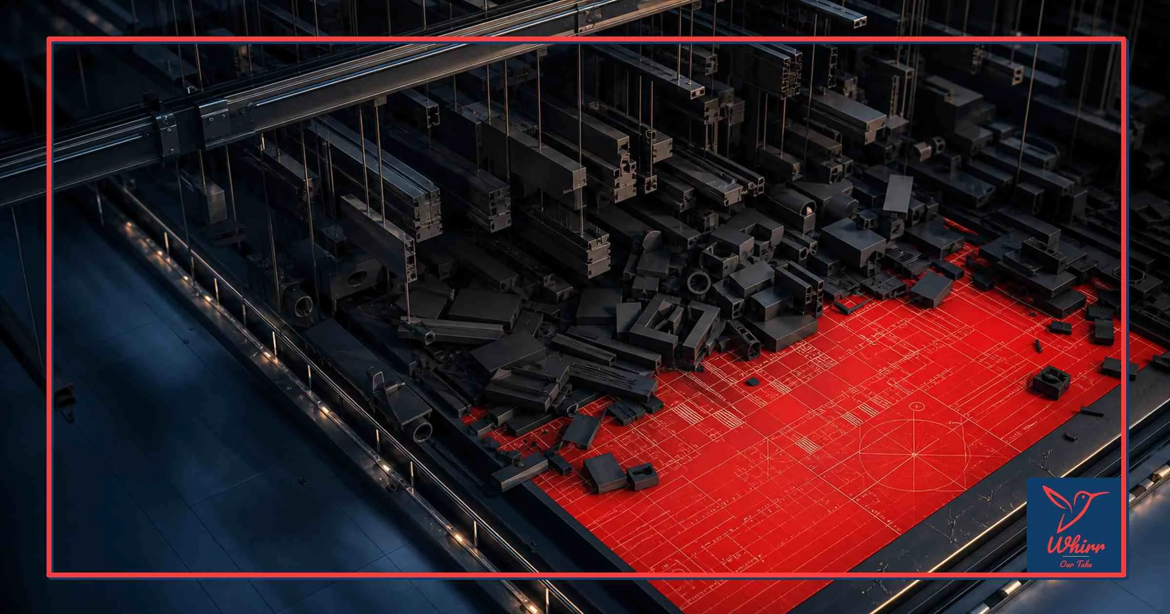 A series of supports collapses over a red engineering drawing, representing the vanishing strategist in the marketing process.