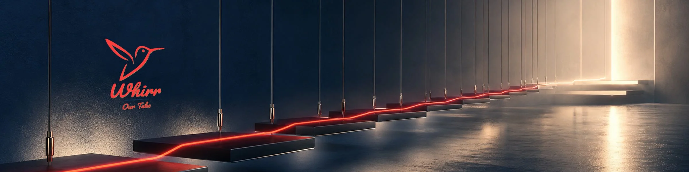 A. red light beam travels along suspended platforms towards a glowing exit, with the whirr logo on the wall.