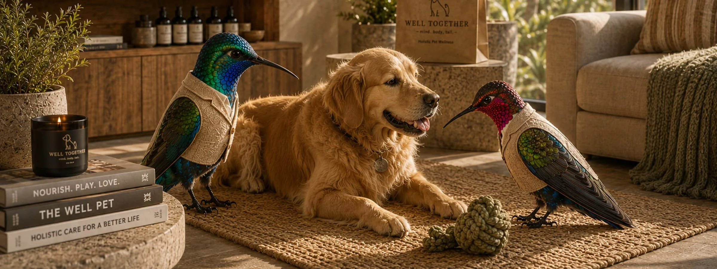 Two hummingbirds in an upscale pet store study a golden retriever with a rope toy.