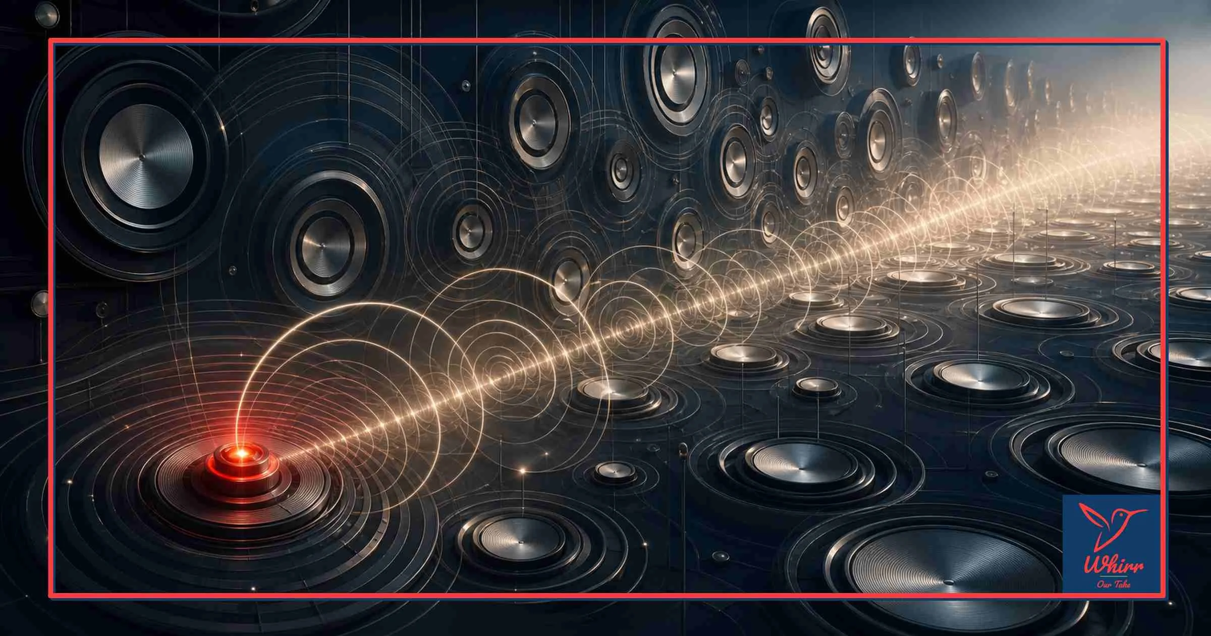 A light stream comes out of a red nucleus and coils towards the right, representing creativity empowering media.