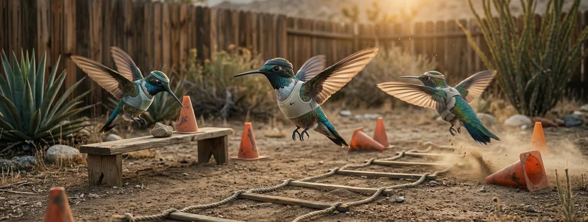 Three hummingbirds wearing tiny vests fly through an obstacle course with cones, a bench, and a rope ladder in a backyard.
