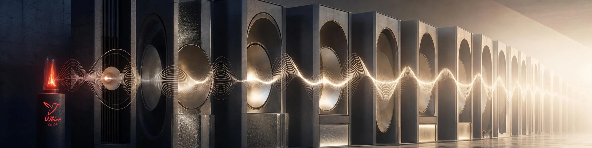 Soundwaves coming from a Whirr flame modulate across speakers representing how creative is the new media multiplier.