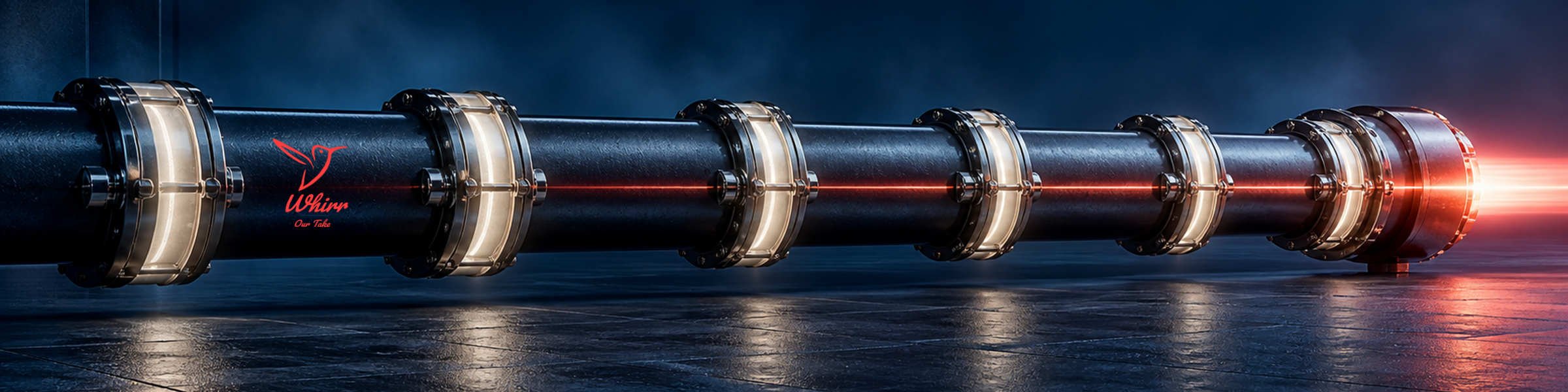 a deep blue pipe representing a media audit has a red light passing through it, with the Whirr logo printed on the side.