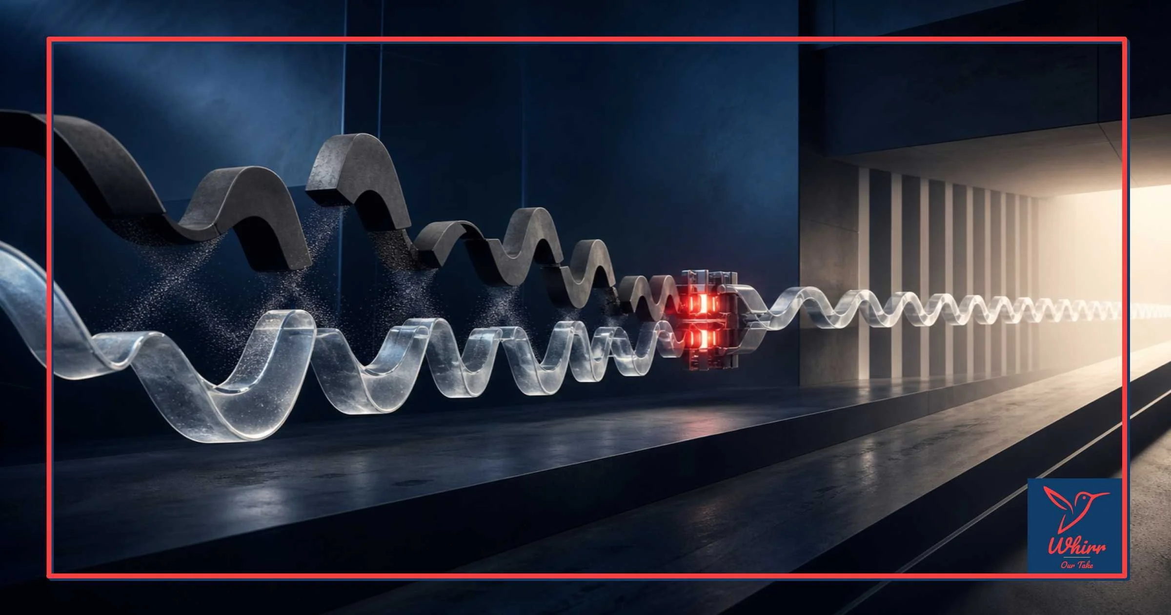Two waves pass through a factory, and become one at a red shape, representing the powerful alignment of creative and media.