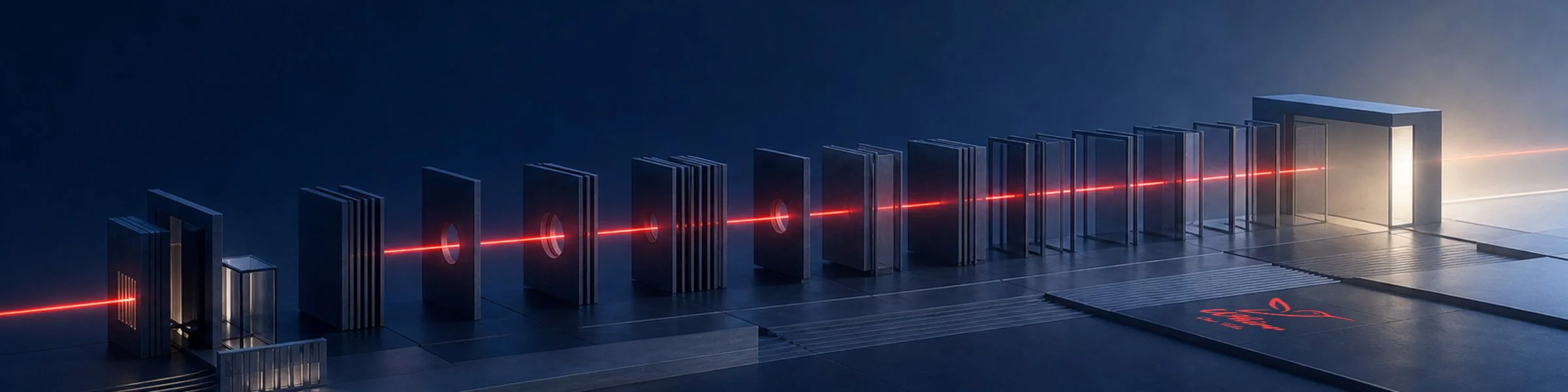 A red laser pierces through a series of graphite rectangles representing an always-on brand, with the Whirr logo projected onto the floor.