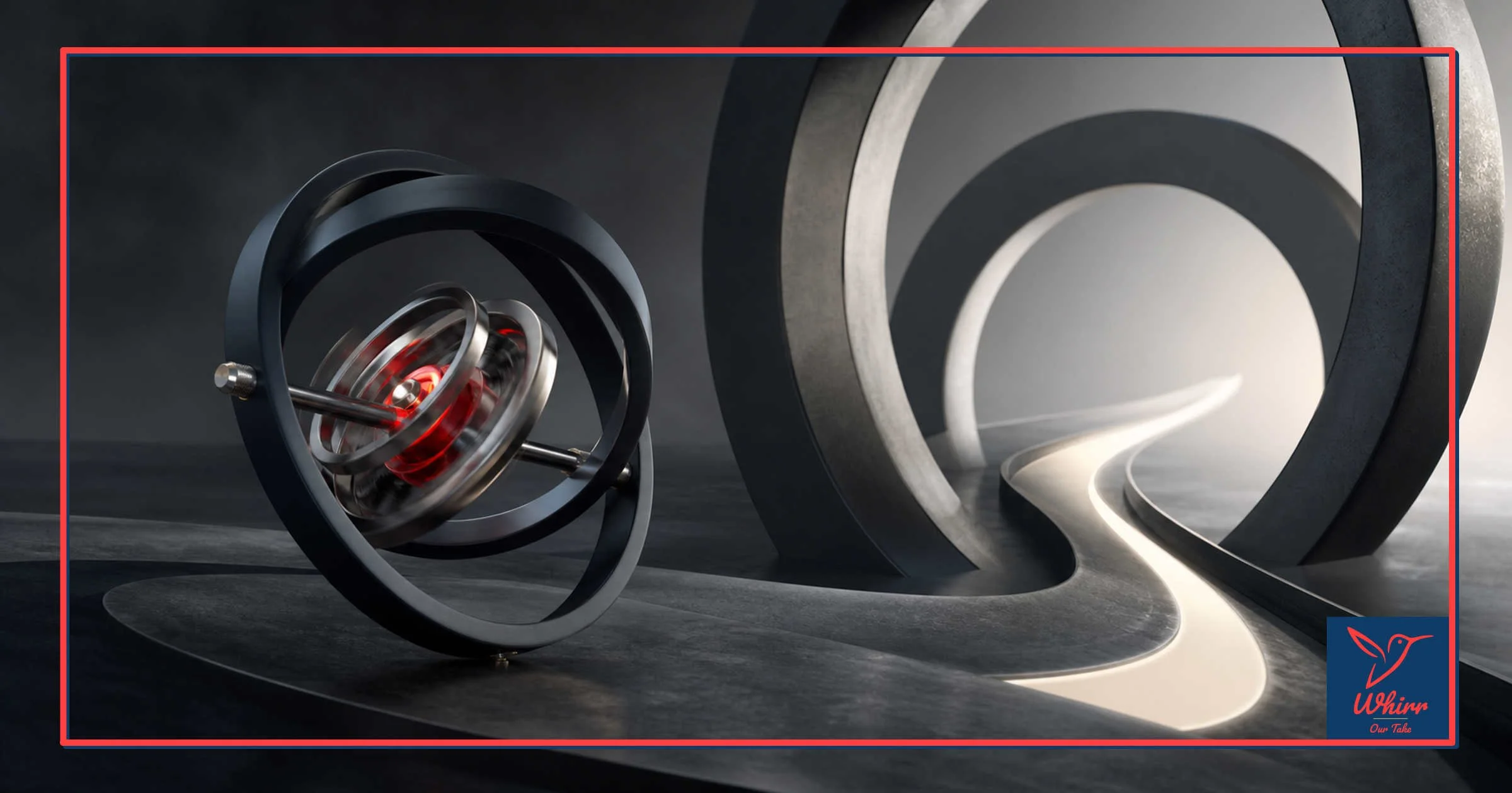 A gyroscope with a red center, representing agility in today's media landscape, rolls down a lighted path with arcs overhead.