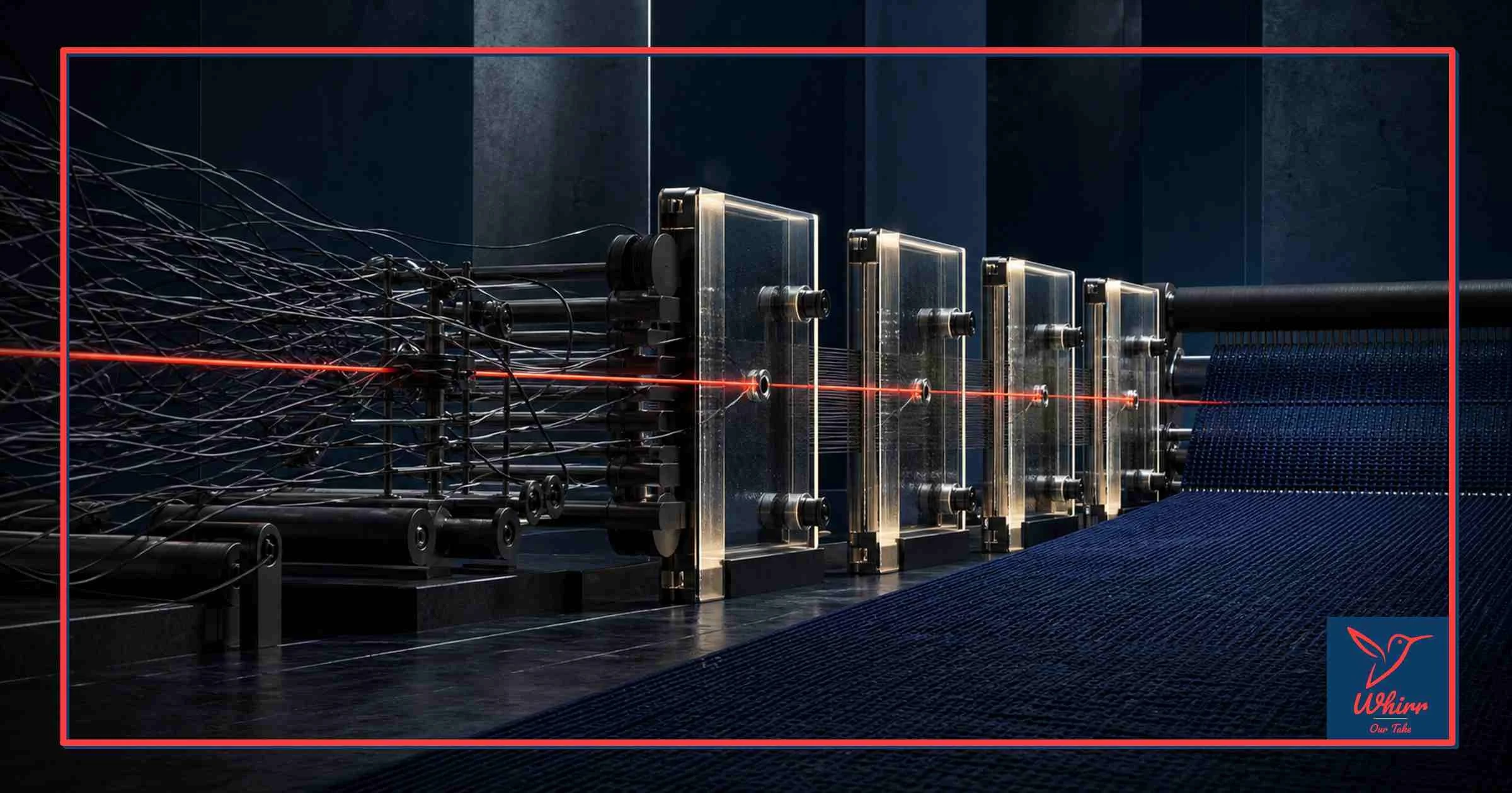 A compmlex machine is weaving a textile, representing how AI is now the workflow, with the Whirr logo in the corner.