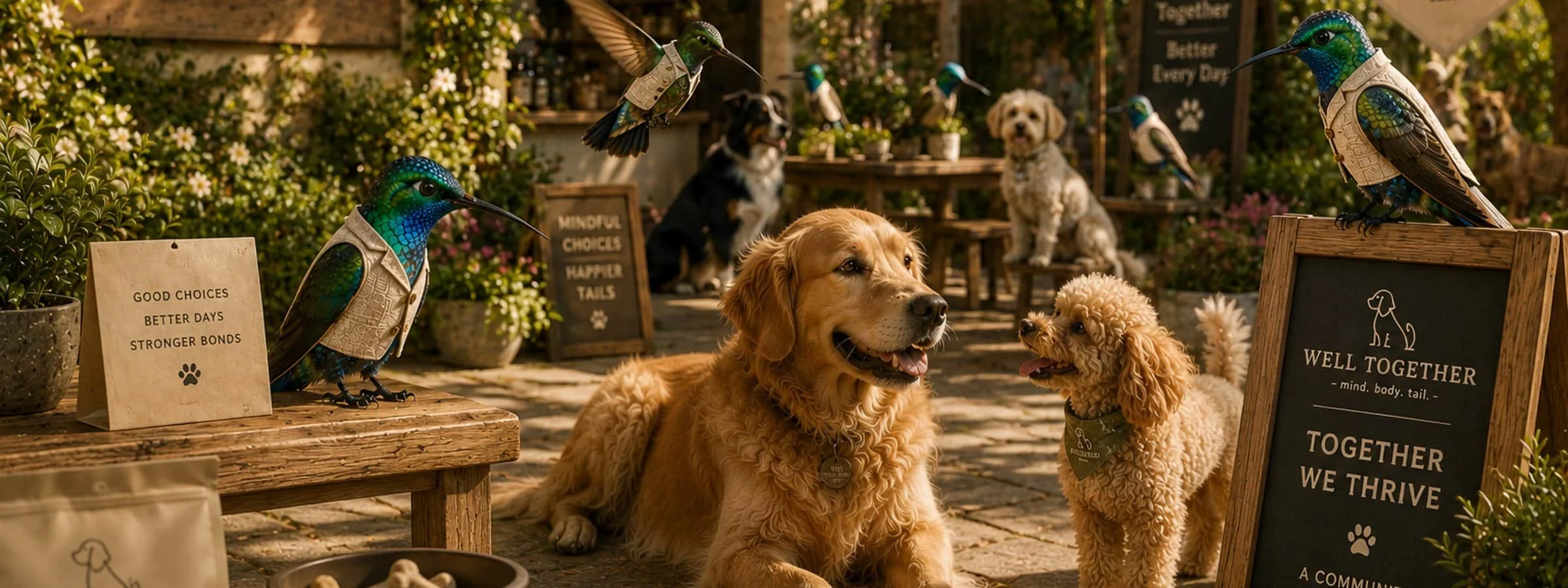 Inspirational messaging in a garden surrounds a variety of hummingbirds and dogs of different breeds.