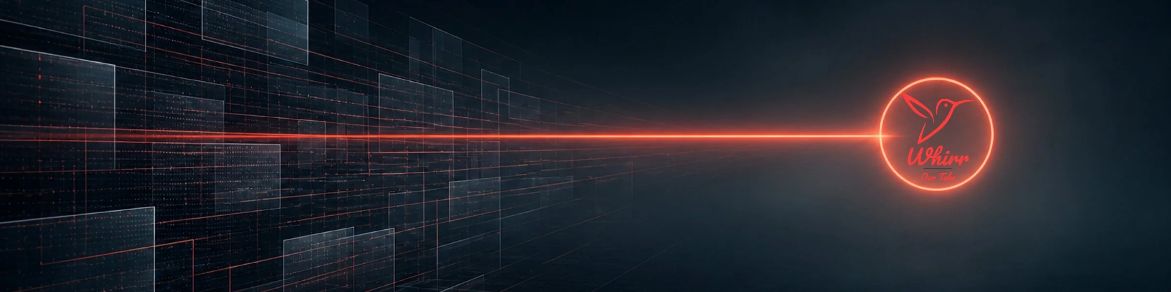 A bold red light beam emerges from a sea of panels representing performance marketing dashboards, and ends in a red ring lf light with the Whirr logo centered in it.