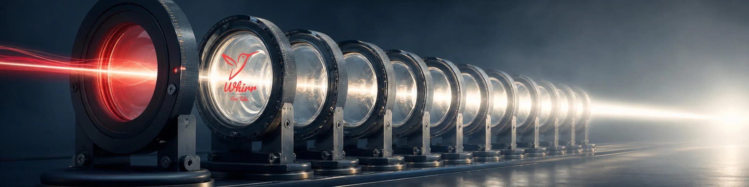 A light ray passes through a series of lenses, one of which has the Whirr logo on it.