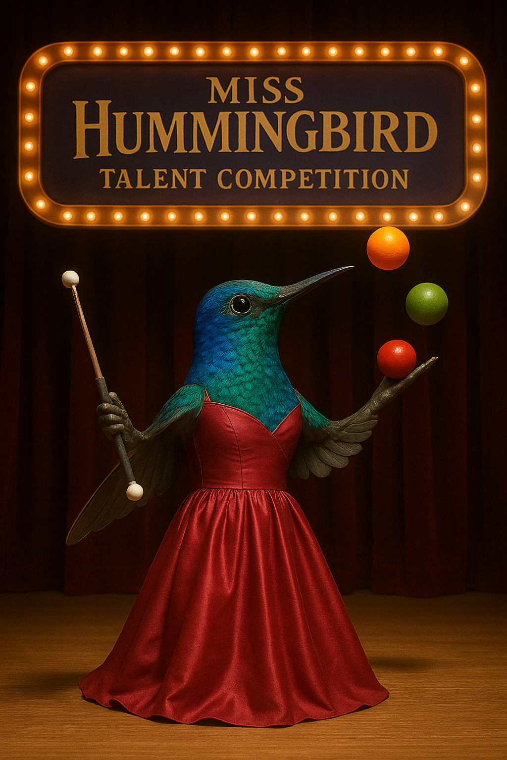 A hummingbird in a red evening dress is juggling with one wing and holding a baton with the other.
